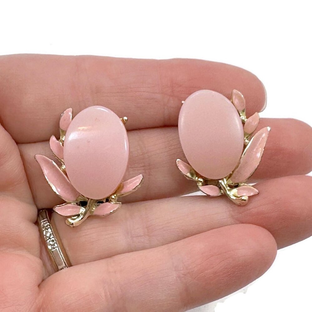 Pink Earrings, Thermoset, Enamel, Gold Tone, 50s, Mid Century, Lucite, Vintage